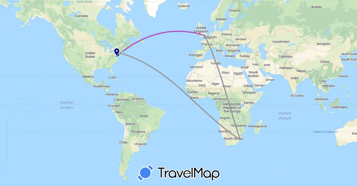 TravelMap itinerary: driving, bus, plane, train, hiking in United Kingdom, United States, South Africa (Africa, Europe, North America)